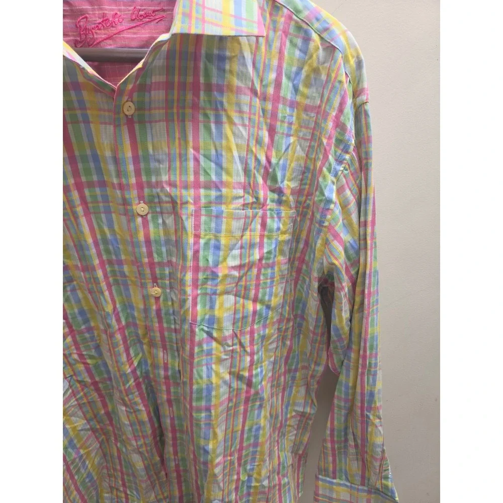 Bugatchi Uomo Mens Large Pastel Plaid Button Down Shirt Long Sleeve Cotton Multi